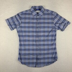 Teddy Stratford NYC Shirt Mens 4 Blue Plaid Preppy Button Up Short Sleeve
